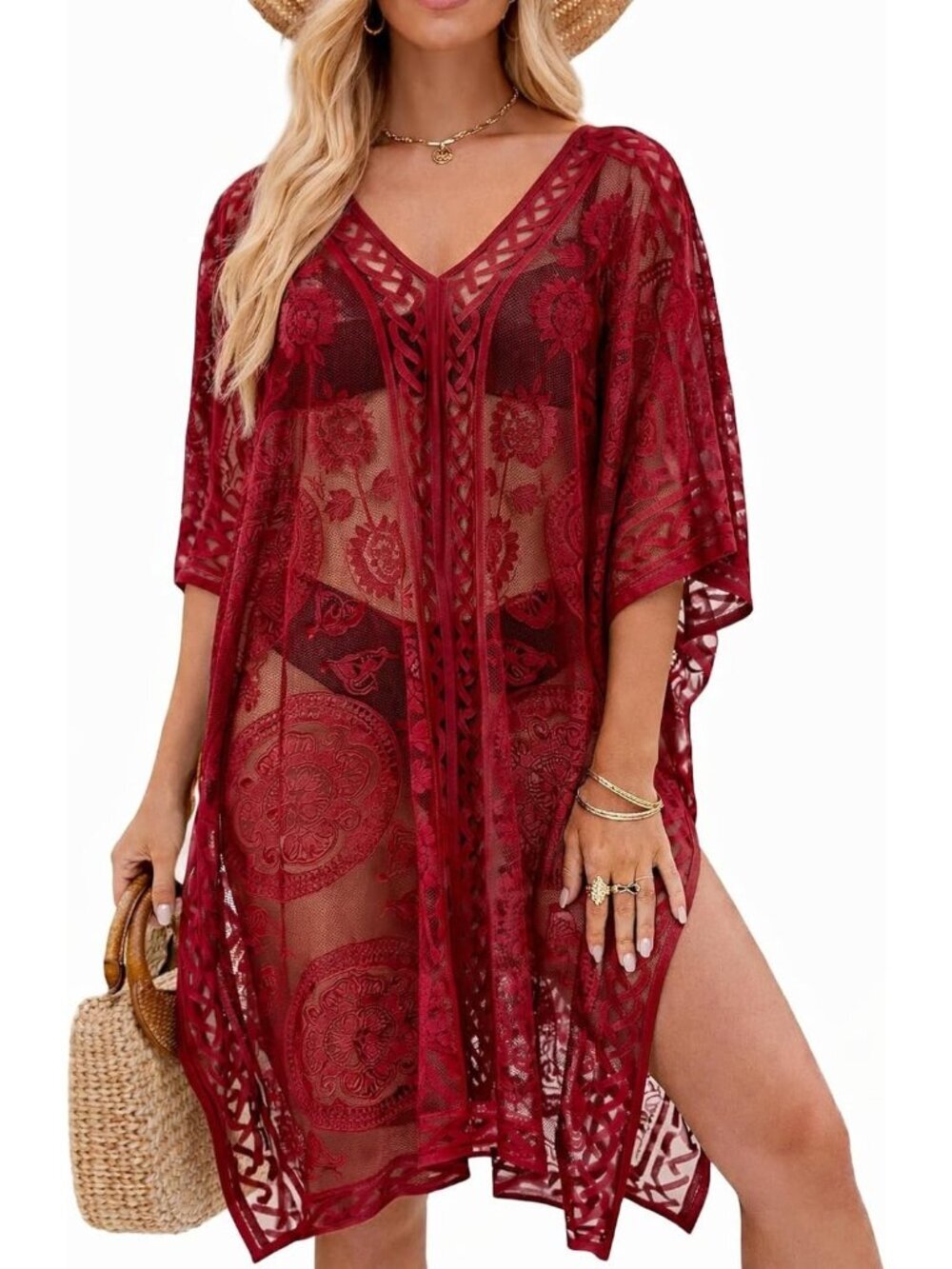 Women's Red Cover Up Bathing Suit V-Neck & half kaftan sleeves